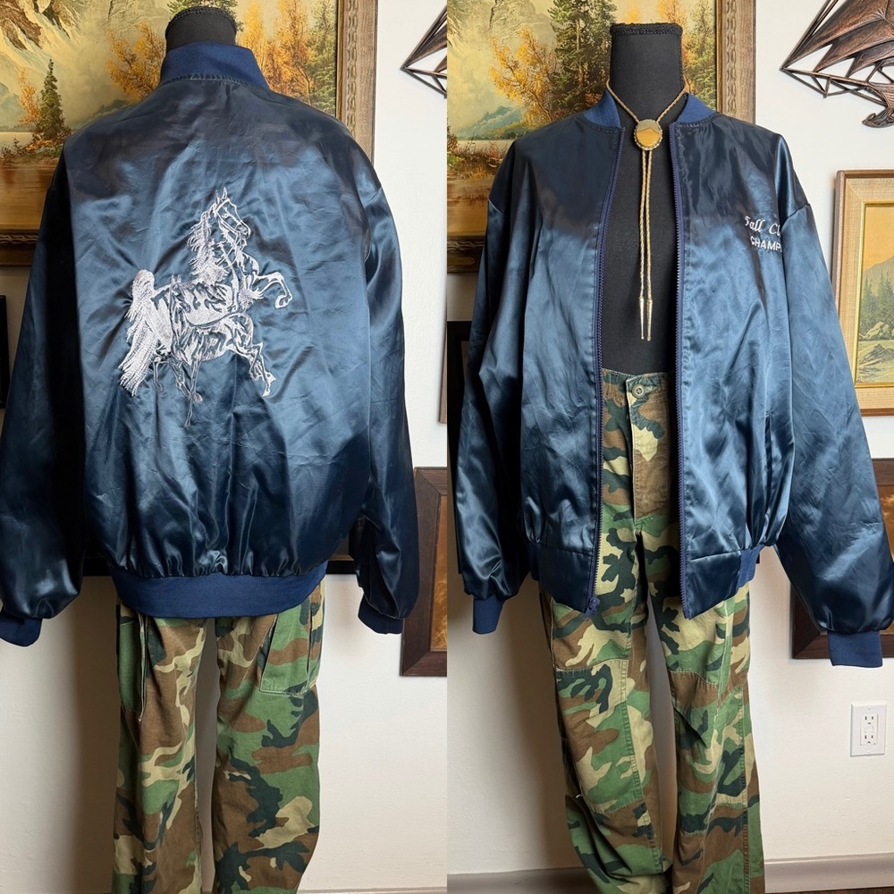 Vintage 80s-90s Lightweight Blue Satin Bomber "Fall Classic CHAMPION" Adult XL